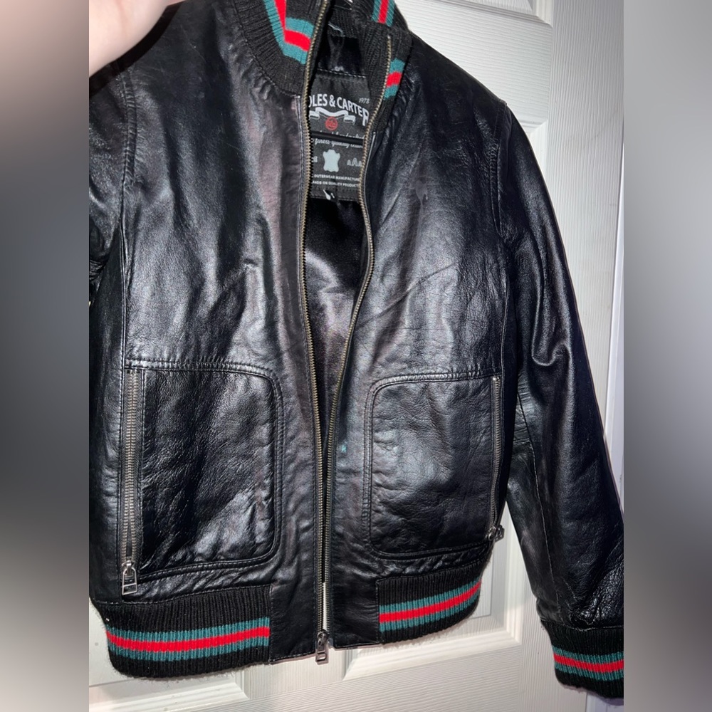 Knolls & Carter Black leather jacket with red and green stripes